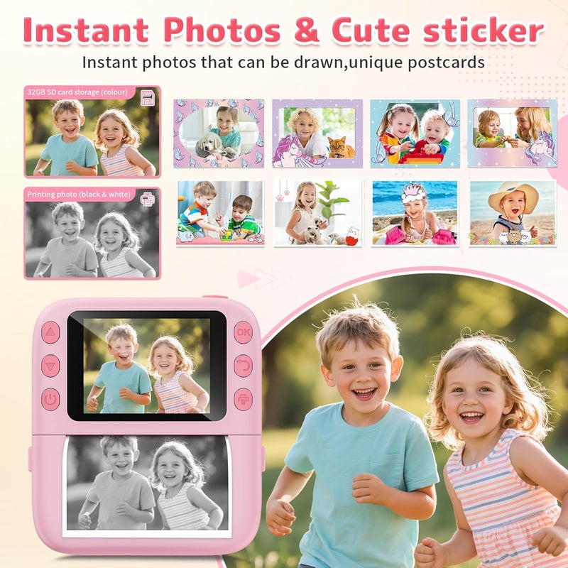Yusuuo Instant Print Camera for Kids, Christmas Birthday Gifts for Girls Boys, 1080P Instant Digital Print Cameras for Toddler,Portable Toy for 4 5 6 7 8 9 10 Year Old Girl with 32GB SD Card，Pink - Image 3